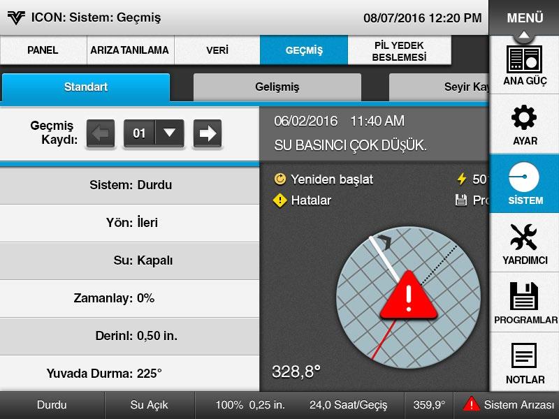 Geçmiş Geçmiş, Standart ve Gelişmiş Ekranları aracılığıyla, en son 50 makine işlemi durum değişikliğinin bir kaydını sağlar. Bkz. Şekil 67-1.