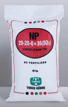 20.20.0+36(SO 3 ) KÜKÜRTLÜ KOMPOZE GÜBRE %76 ETKİLİ MADDE İçeriğinde etkili madde olarak %20 azot (N) ve fosfor penta oksit (P 2 ) olarak %20 fosfor bulunduran 20.20.0 olarak bilinen kompoze gübrenin, bitkilerin alabileceği form olan SO 4 halinde %36 kükürt (SO 3 ) ilave edilmiş şeklidir.