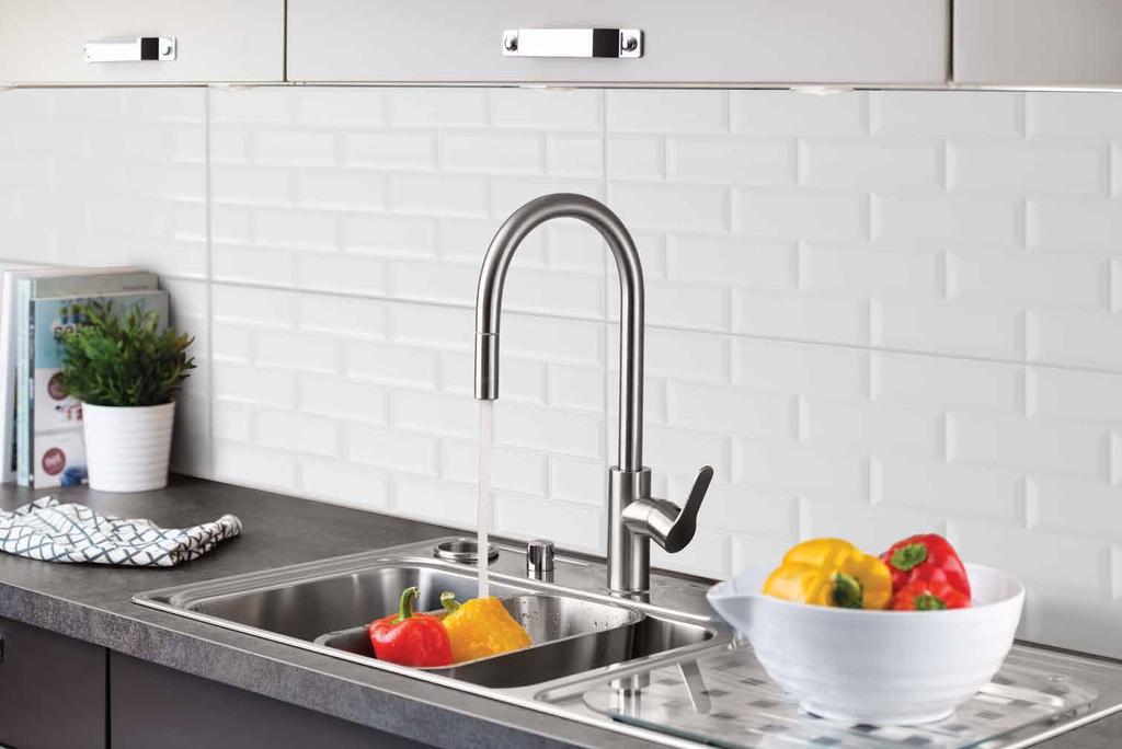 Paslanmaz çelik Inox Pull - Down eviye bataryası mutfağınıza modern bir görünüm kazandırıyor.
