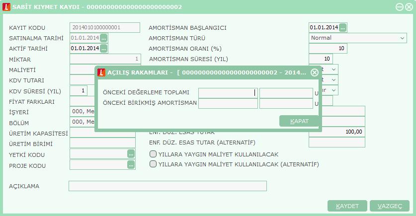 Geçmiş Dönem Bilgileri Sabit kıymete ait geçmiş dönem bilgileri sabit kıymet kayıt penceresinde F9/sağ fare düğmesi menüsünde yer alan Geçmiş Dönem Bilgileri seçeneği ile izlenir.