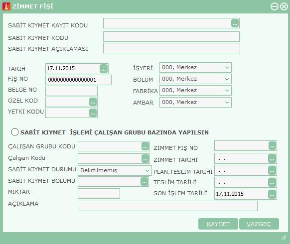 Zimmet Fişleri Sabit kıymetin hangi personele ne zaman ve ne kadar süre ile verildiği, sabit kıymet işlemleri listesinde işlem türü zimmet seçilerek kaydedilir.