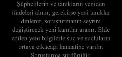 Şüphelilerin ve tanıkların yeniden ifadeleri alınır, gerekirse yeni tanıklar dinlenir, soruşturmanın seyrini