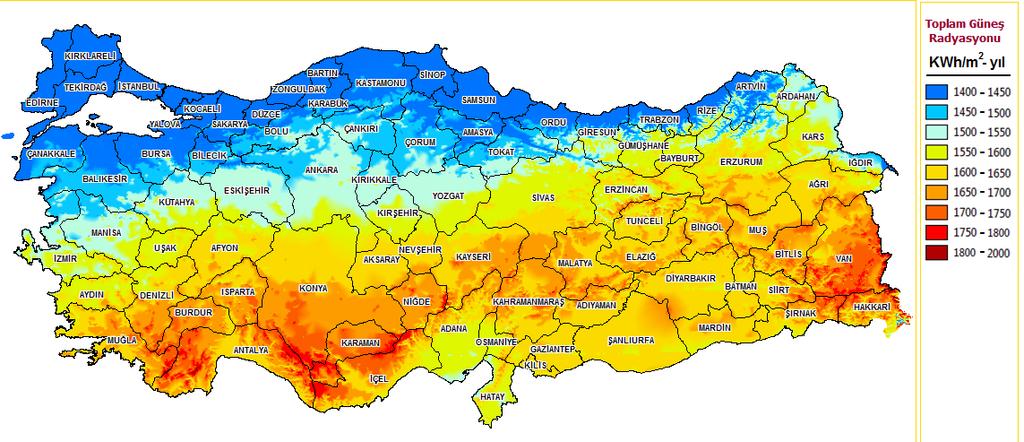 Türkiye nin mevcut güneş enerjisi potansiyelini detaylıca gösteren Türkiye Güneş Enerjisi Potansiyel Atlası GEPA Türkiye Elektrik Etüt İdaresi tarafından hazırlanmıştır.