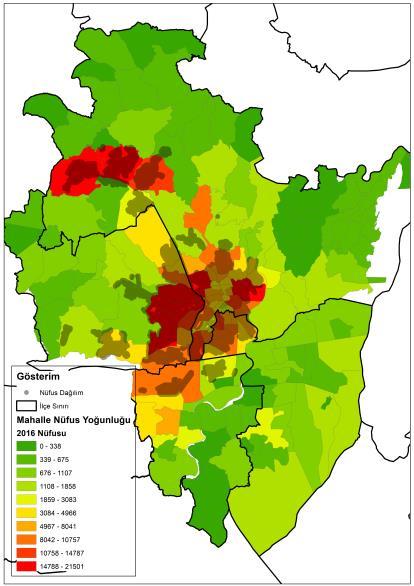 nüfus dağılım alanları gösterilmektedir. Şekilde yer alan mahallelere ait nüfus yoğunlukları, yeşil renkten kırmızı renk alanlarına doğru gidildikçe artmaktadır.