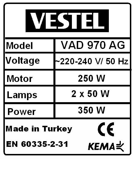 Davlumbaz Ölçüleri ve Teknik Değerler: VAD 970 AG EEE