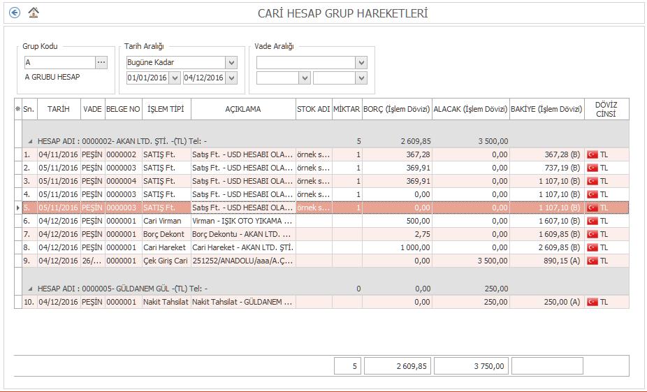 CARİ HESAP GRUP HAREKETLERİ Cari Hesap Grup Hareketleri Raporu cari modül altında yer almaktadır.