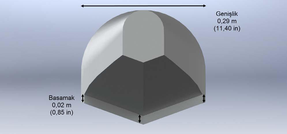 Şekil 2: NACA Model 57-A Gövdenin CAD modeli arka görünümü ve geometrik parametreleri Basamak (step), gövdenin altında bulunan ve kalkış sırasında suyun oluşturduğu vakum sebebiyle oluşan