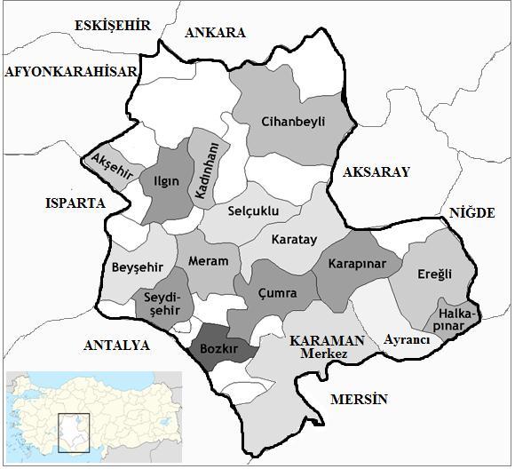 ġekil 2.1. ÇalıĢma merkezlerinin Konya ve Karaman ili içerisindeki yerleģimi (Konyailçeleri 2016). 2.1.1. Örnek Toplama Bu çalıģmaya baģlamadan önce Selçuk Üniversitesi Veteriner Fakültesi Etik Kurul (SÜVFEK) BaĢkanlığından (Toplantı Tarihi: 07.