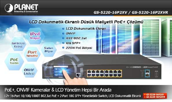 beslemesine sahip PoE takvimi, takvimlendirilmiş güç geridönüşü, PD alive check ONVIF tespiti 4 x 10GBASE-SR/LR SFP+