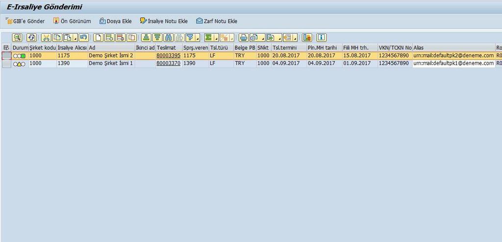 SAP e-irsaliye Çözüm Ekranları e-irsaliye Gönderim Kokpiti Gönderim Ekran Özellikleri İstenilen sayıda irsaliye gönderimi