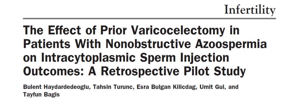 Urology, 2010 Retrospektif 96 NOA hastası Varikoseli olan (grade 3) ve varikoselektomi yapılan: 31 hasta Varikoseli olmayan: 65 hasta mikrotese de sperm bulunma oranı: