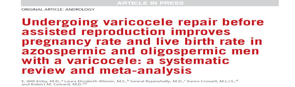 Metaanaliz Fertil Steril, 11 Ekim 2016 7 çalışma 1.241 hasta Azospermik ve oligospermik Varikoselektomi sonrası mikrotese yapılan azospermik hastalarda: Sperm bulunma oranı daha yüksek (OR: 2.
