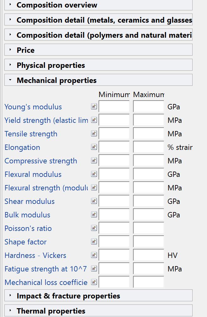 MEKANİK ÖZELLİKLER Bu başlıkta limit değeri girilebilecek özellikler şunlardır: Young modülü (Young s modulus), Akma mukavemeti (Yield strength), Çekme mukavemeti (Tensile strength), % Uzama