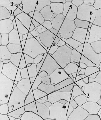 average value of grain diameter from a microstructural section. In linear intercept method, the grains intercepted by a theoretical line on the specimen surface are counted (Fig. ).