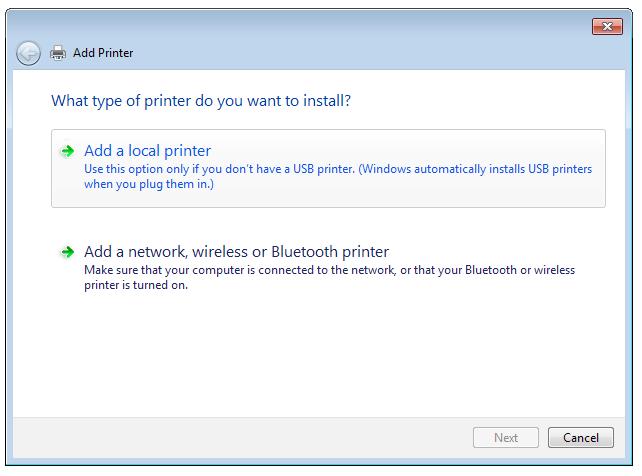 Windows masaüstünden, Start (Başlat) > Devices and Printers (Aygıtlar ve Yazıcılar) > Add a printer (Yazıcı ekle)'yi tıklatarak Add Printer Wizard