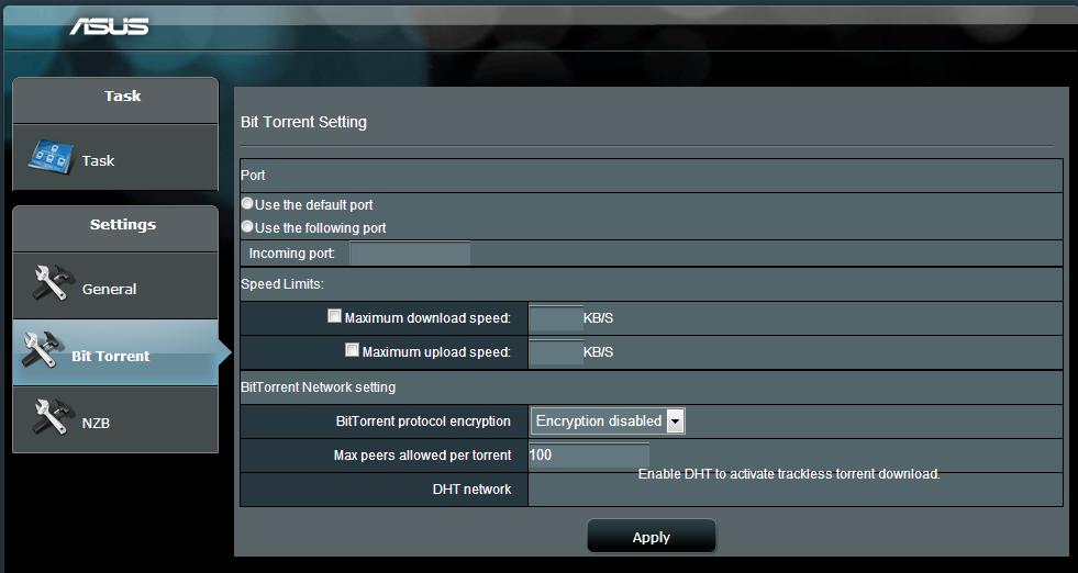 Download Master gezinme panelinden, Bit Torrent'i tıklatarak Bit Torrent Setting (Bit Torrent Ayarı) sayfasını başlatın. 2.