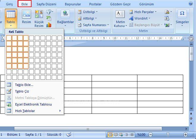 Office 2007 Tablo İşlemleri Office 2007 tablo işlemleri Tablo düzen menüsüne girmek için ilk önce sayfaya tablo