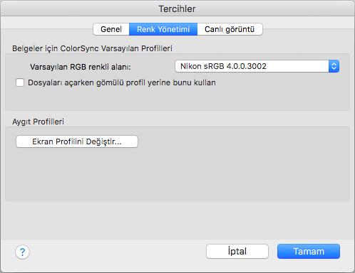 Camera Control Pro Tercihleri 5/6 Renk Yönetimi Sekmesi (Mac) Mac sürümü aşağıdaki seçenekleri görüntüler.