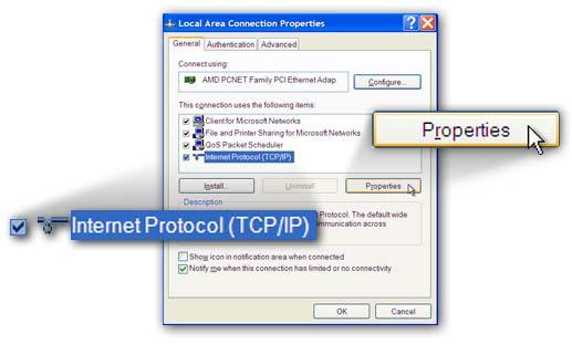 Vyberte Internet Protocol (TCP/IP) (Internetový protokol TCP/IP) a potom kliknete na