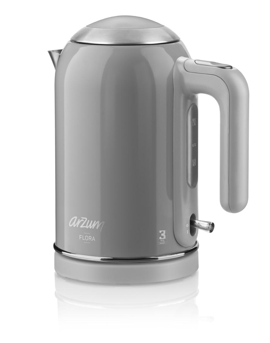 FLORA AR 3012 KETTLE WITH CONCEALED RESISTANCE 1- Lid fixed with hinge 2- Lid opening lock 3- Filter 4- Reservoir with 1 liter capacity 5- Water level indicator 6- Ergonomic