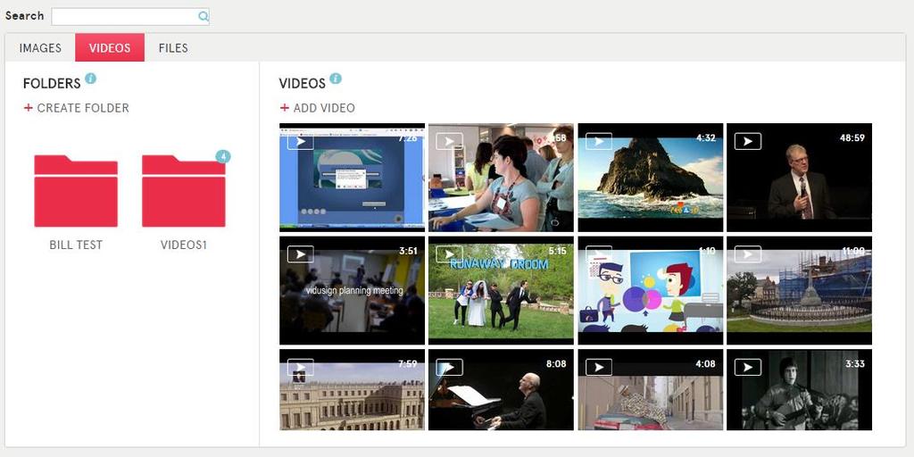 Materyaller - Videolar Görüntüler, videolar veya dosyalar arayın YouTube veya Vimeo'dan bir dosya eklemek için Video ekle üzerine tıklayın Videolarınızı organize etmek için klasörler