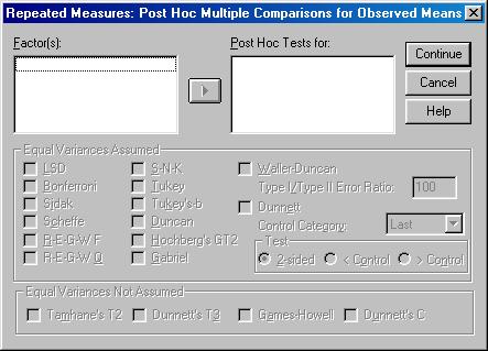 7 de Post Hoc seçeneği tıklandığında GLM:Repeated Measures: Post Hoc Multiple Comparisons for Observed Means diyalog kutusu (Şekil 3.10.) açılır.