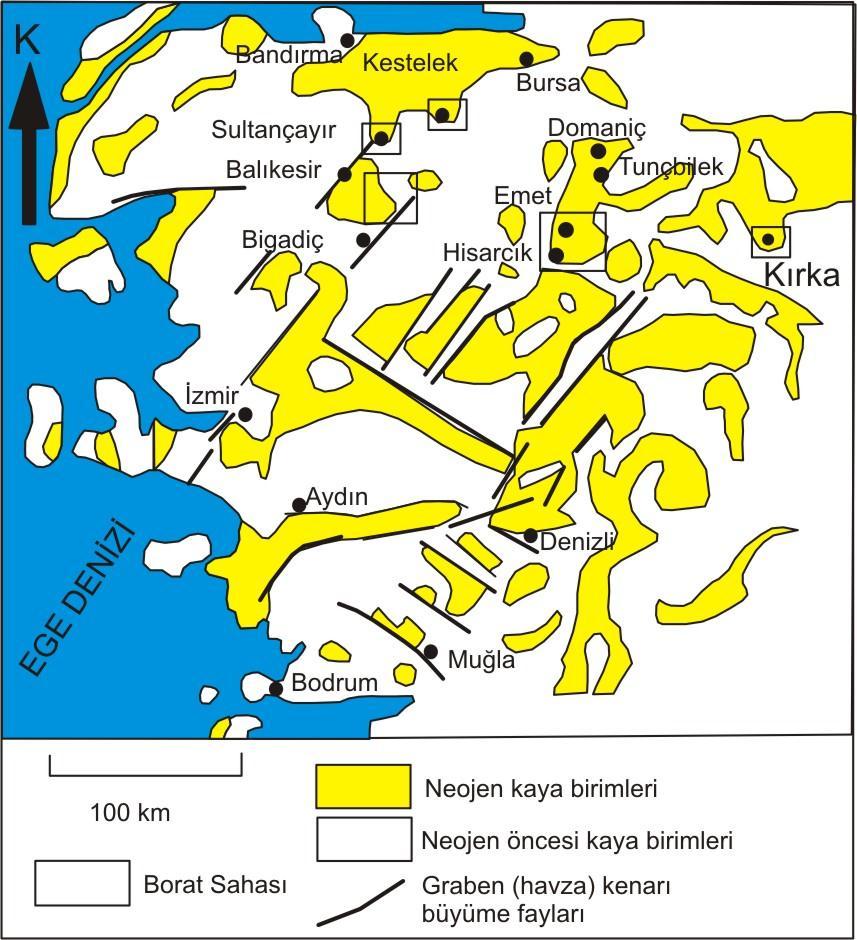 ġekil 1.2 Batı Anadolu borat yatakları (Kestelek, Emet, Bigadiç, Sultançayır ve Kırka) (Helvacı ve Orti, 2004).