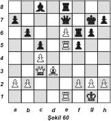 16. Ke2 Fd7 Fil sonunda aktif bir saldırı aleti olarak değil fakat kaleye yol vermek için oyuna çıkıyor. 17. Kae1 Ke8 18. c4 Af7 [Şekil 59] Kurnazca bir hamle!