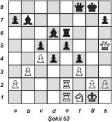 21. Af3 f5 22. exf5 gxf5 [Şekil 62] Durum beyaz için tehlikeli olmağa başlamıştır. Çünkü siyahın atağı maksimum gücüne erişmektedir.