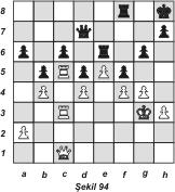 Beyazlar Vxd5 oynayarak bir piyon kazanmak tehdidi yapmıştır: Siyah 2.... Kf8 oynayamaz, çünkü beyaz 3. Kxc6 oynayarak en azından bir piyon kazanır. 3. K5c2 Kg6 4. Kg2 Şh8 5. Kcg1 Kcg8 6. Vh5 Kxg2 7.