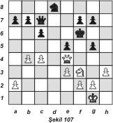 bir hamle olan Ff5 hamlesini oynamasından korkmam bu fena hamleleri oynamama sebep olmuştur. 15. Vc4 Ae6 16. b4 Vc7 17. Fxg6 hxg6 18. Ve4 Şf6 [Şekil 106] 19.