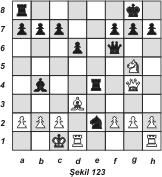 Bu planımın doğru olduğu kanısındayım. Karşı karşıya kaldığım zorluk ise planımı kusurlu uygulamamdan ileri gelmiştir. 8. Vg3 Axe4 9. Axe4 Kxe4 10. Ff4 [Şekil 121] 10.
