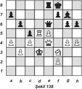 10. Fxf6 Fxf6 11. Ve4 g6 Bu hamle siyahın şah kanadını zayıflatmaktadır. Doğru hamle Ke8 idi. 12. h4 [Şekil 136] 12.... e5 Vezir filini hızla oyuna sokabilmek için bir piyon feda ediliyor.