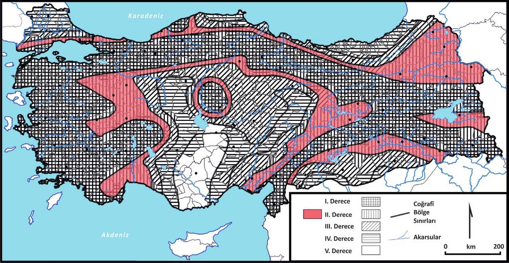 Fiziki Coğrafya Araştırmaları: Sistematik ve Bölgesel Şekil 10. Türkiye nin II. Derece deprem bölgeleri bulunuyordu (Türkiye nüfusunun % 6,3 ü).