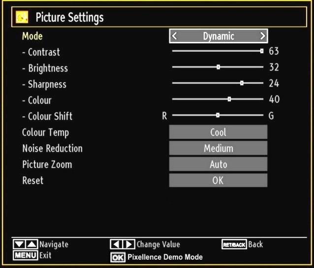 Operating Picture Settings Menu Items Press or button to highlight a menu item. Use or button to set an item. Press MENU button to exit.