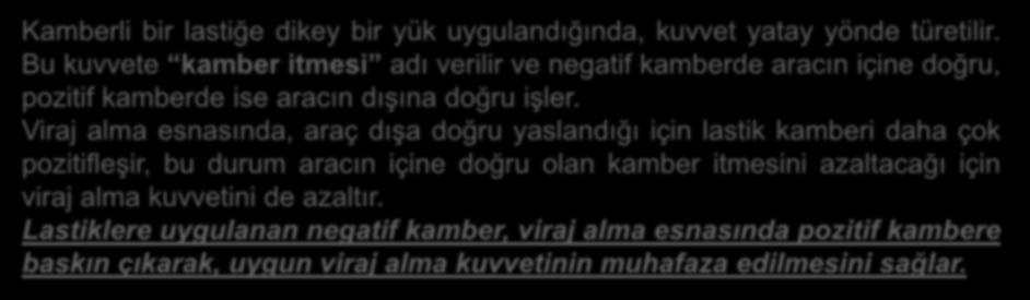 Viraj alma esnasında, araç dışa doğru yaslandığı için lastik kamberi daha çok pozitifleşir, bu durum aracın içine doğru olan kamber itmesini