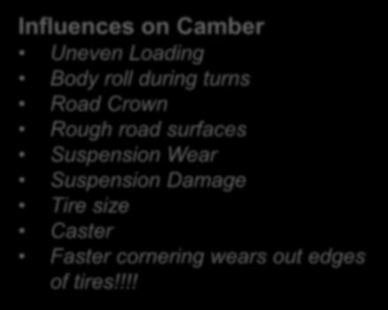 Cross Camber should never exceed ½ degree Camber will pull to the most positive side Camber Roll Caster angle may produce a change in