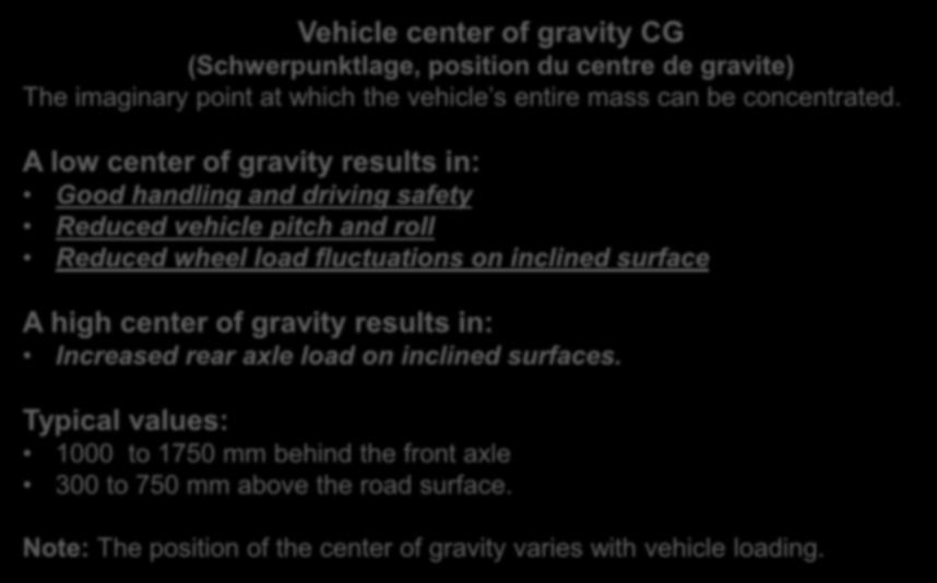 A low center of gravity results in: Good handling and driving safety Reduced vehicle pitch and roll Reduced wheel load