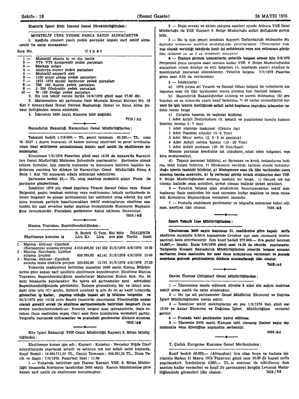 Sabife: 18 (Resmî Gazete) 24 MAYIS 1976 Elektrik İşleri Etüt İdaresi Genel Direktörlüğünden: MUHTELİF CİNS YEDEK PARÇA SATIN ALINACAKTIR 1.