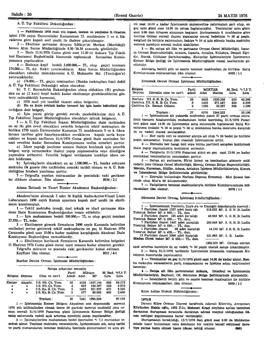Sahife : 30 (Resmî Gazete) 24 MAYIS 1976 A. U. Tıp Fakültesi Dekanlığından : 1 Fakültemiz 1976 malı yılı inşaat, tesisat ve yenileme B. Onarım işleri 1750 sayılı Üniversiteler Kanununun 73.