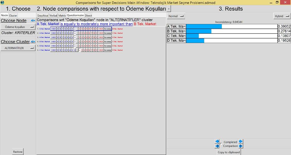 Şekil 5.8 Ödeme Koşulları kriterinin alternatiflere göre karşılaştırılması Ürün çeşitliliği kriterine göre alternatiflerin karşılaştırılması Şekil 5.9 daki gibidir.