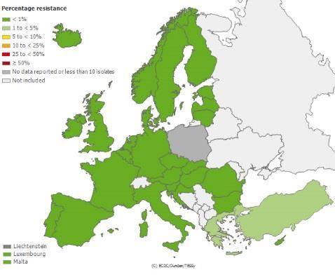 Avrupa Birliği* ve Türkiye deki** İnvazif Escherichia coli Suşlarında Karbapenem Direnci: 2014 Meropenem %1.1 İmipenem %1.