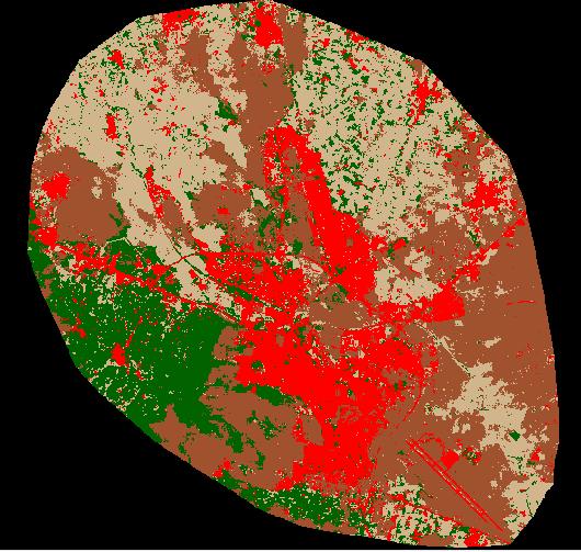 Şehir alanı Yeşil alan Tarım alanı Boş alan ŞEKİL6: Kontrollü sınıflandırılmış 2009 Landsat TM görüntüsü Bu sınıflandırmalarda dört ana sınıf üzerinde değerlendirme yapılmıştır.