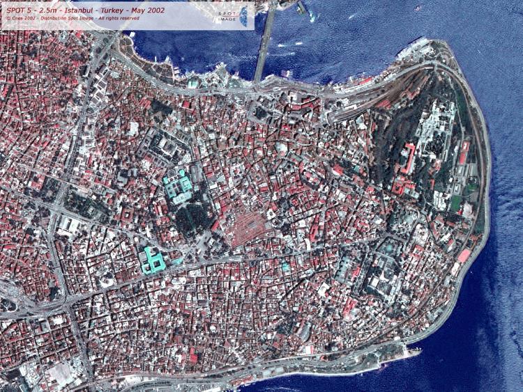 SPOT Uyduları SPOT 5, yüksek çözünürlüklü iki görüntüleme cihazına sahiptir. Çok bandlı modu (MSS) elektromanyetik spektrumun yeşil (0.50-0.59), kırmızı (0.61-0.