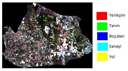 fotoğraflarından yararlanılarak kontrol bölgeleri belirlenmiş ve 5 sınıf için 590 piksel seçilmiştir (Şekil 5.6). Şekil 5.6 : 1984 yılı uydu görüntüsü için seçilen kontrol bölgeleri.