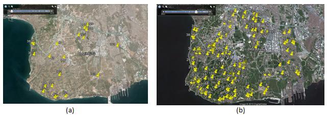 Şekil 5.11 : Google Earth den yerleşim alanlarına ait seçilen örnek noktalar (a) 1984, (b) 2011. Çizelge 5.7 : 2011 yılına ait uydu görüntüsü ile spektral indeksler arasındaki korelasyon katsayısı.