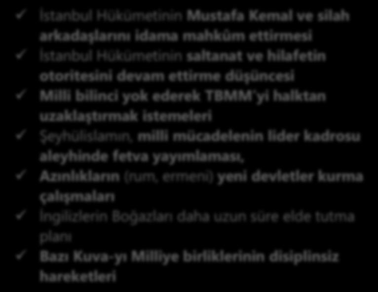 TBMM YE KARġI AYAKLANMALAR SEBEPLERĠ İstanbul Hükümetinin Mustafa Kemal ve silah arkadaģlarını idama mahkûm ettirmesi İstanbul Hükümetinin saltanat ve hilafetin otoritesini devam ettirme düģüncesi