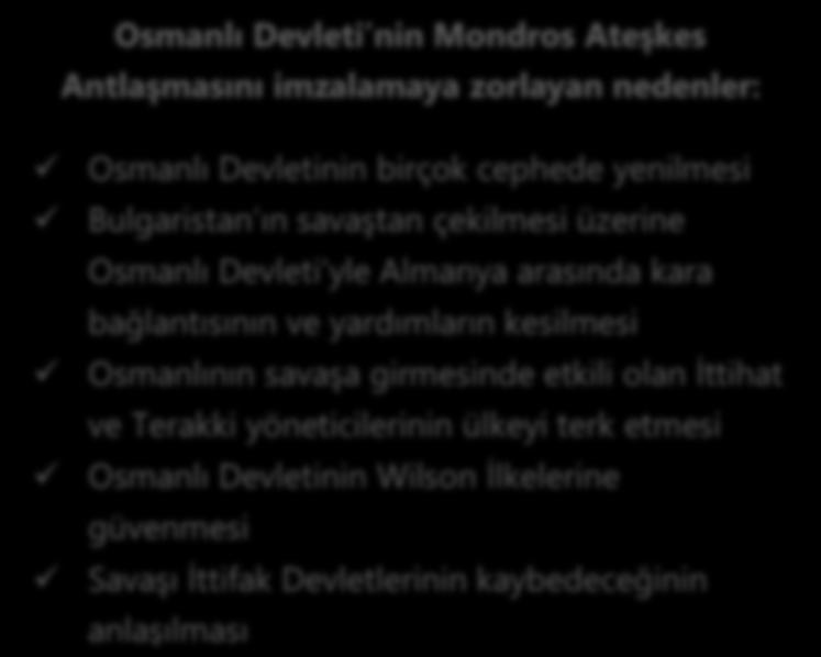 MONDROS ATEŞKES ANTLAŞMASI (30 EKİM 1918) Osmanlı Osmanlı Devleti nin Devleti nin Mondros Mondros Ateşkes Ateşkes Antlaşmasını Antlaşmasını imzalamaya imzalamaya zorlayan zorlayan nedenler: nedenler