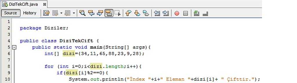DİZİ İŞLEMLERİ Örnek 2: Bir dizi elemanlarının tek tek kontrol edilip, elemanların tek mi çift mi olduklarını konsola yazdıran Java