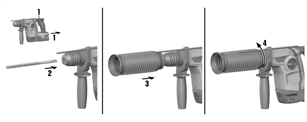 5.7 Aletin takılması 1. Ek aletin giriş ucunu gresle hafifçe yağlayınız. Sadece Hilti marka orijinal gres kullanınız. Yanlış bir gres alette hasara neden olabilir. 2.